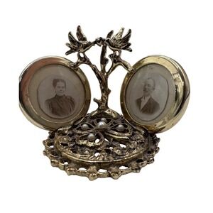 Vintage Gold Tone Double Photo Frame Lovebirds Ornate Tabletop Decor